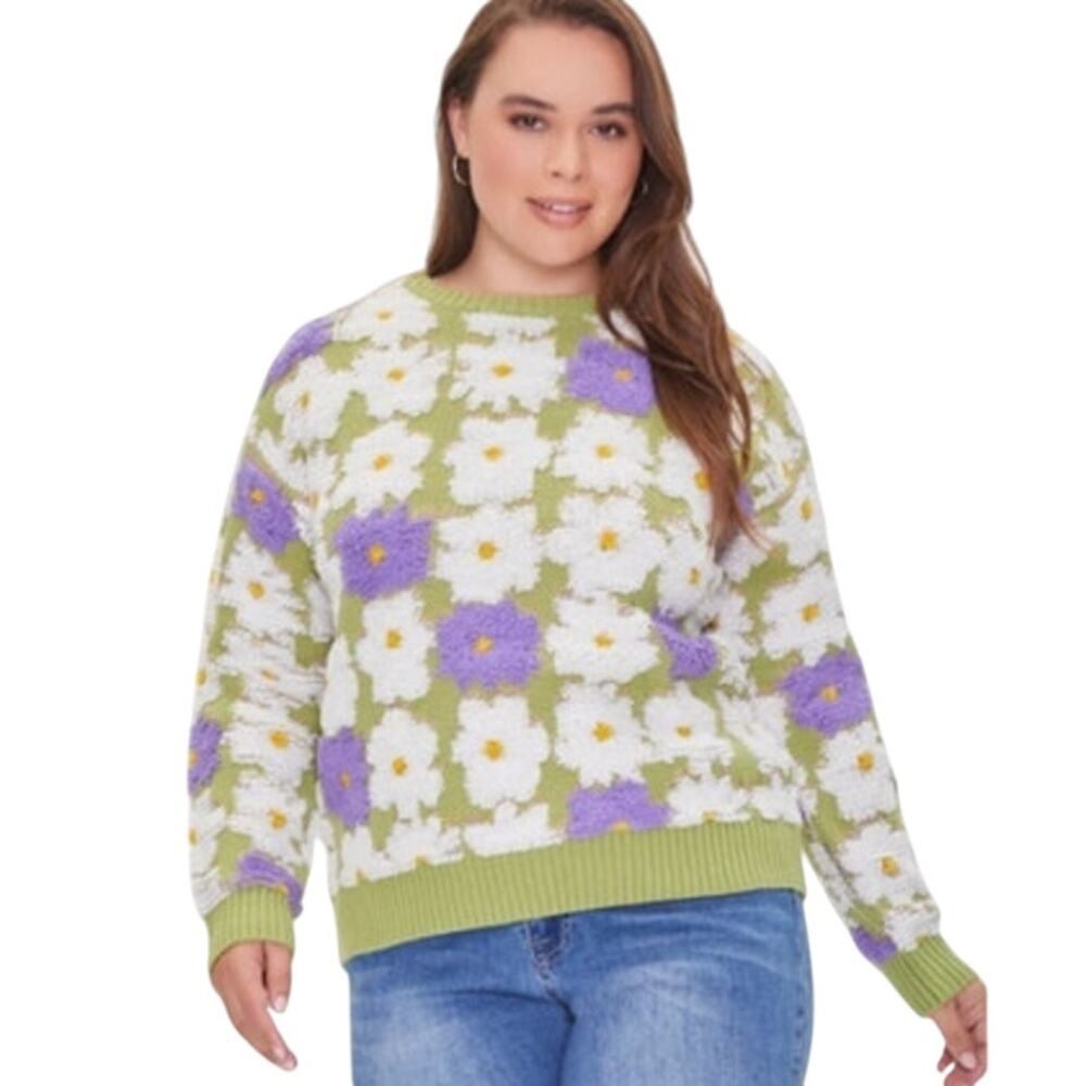 Forever 21 Knit Sweater Size Small Green White and Purple Crewneck Pullover